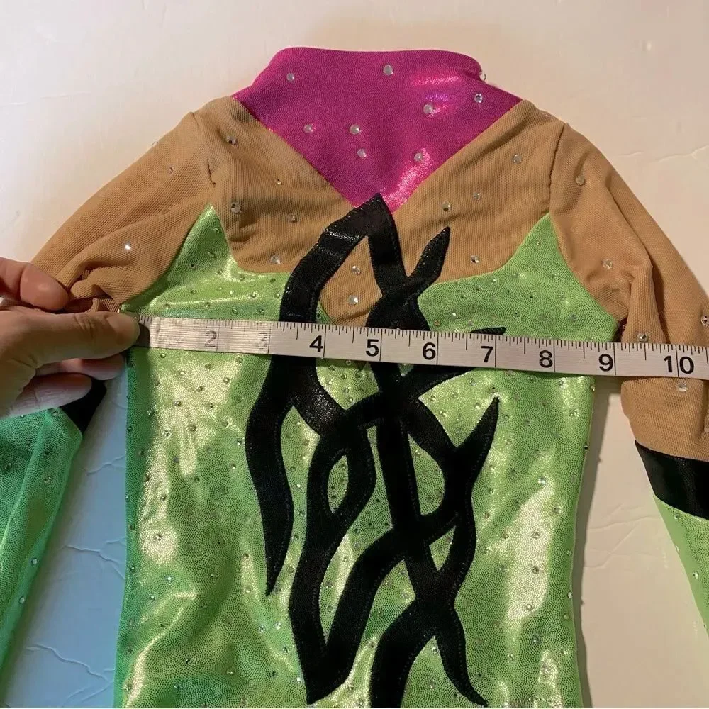 Ozone gymnastics green competition long sleeve custom leotard rhinestone YXS